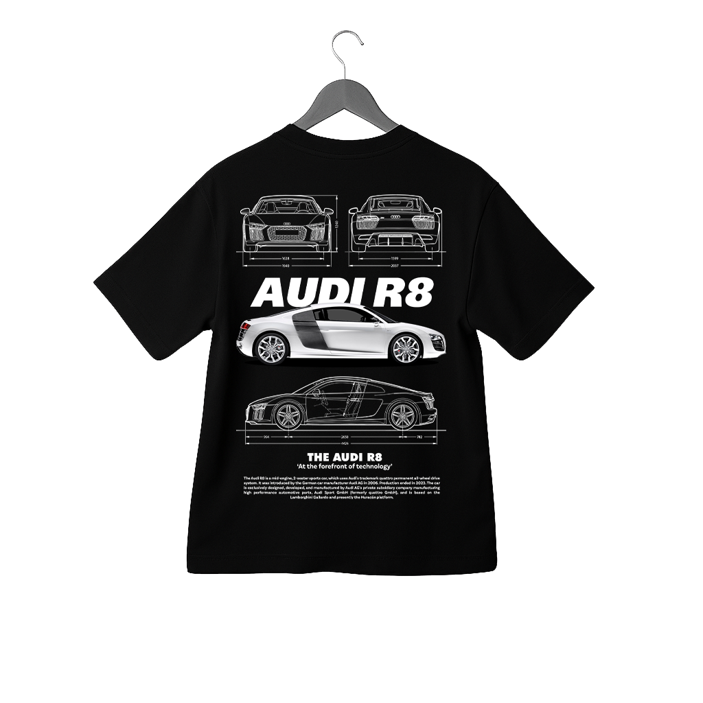 Audi R8 Teknik Çizim (Blueprint) Baskılı Siyah Tişört