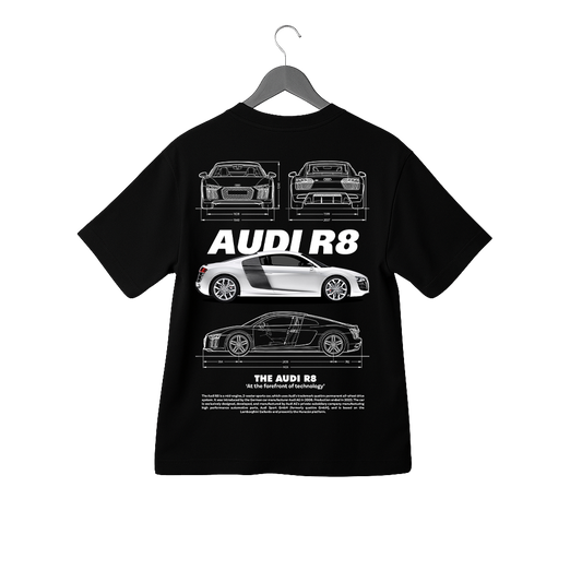Audi R8 Teknik Çizim (Blueprint) Baskılı Siyah Tişört